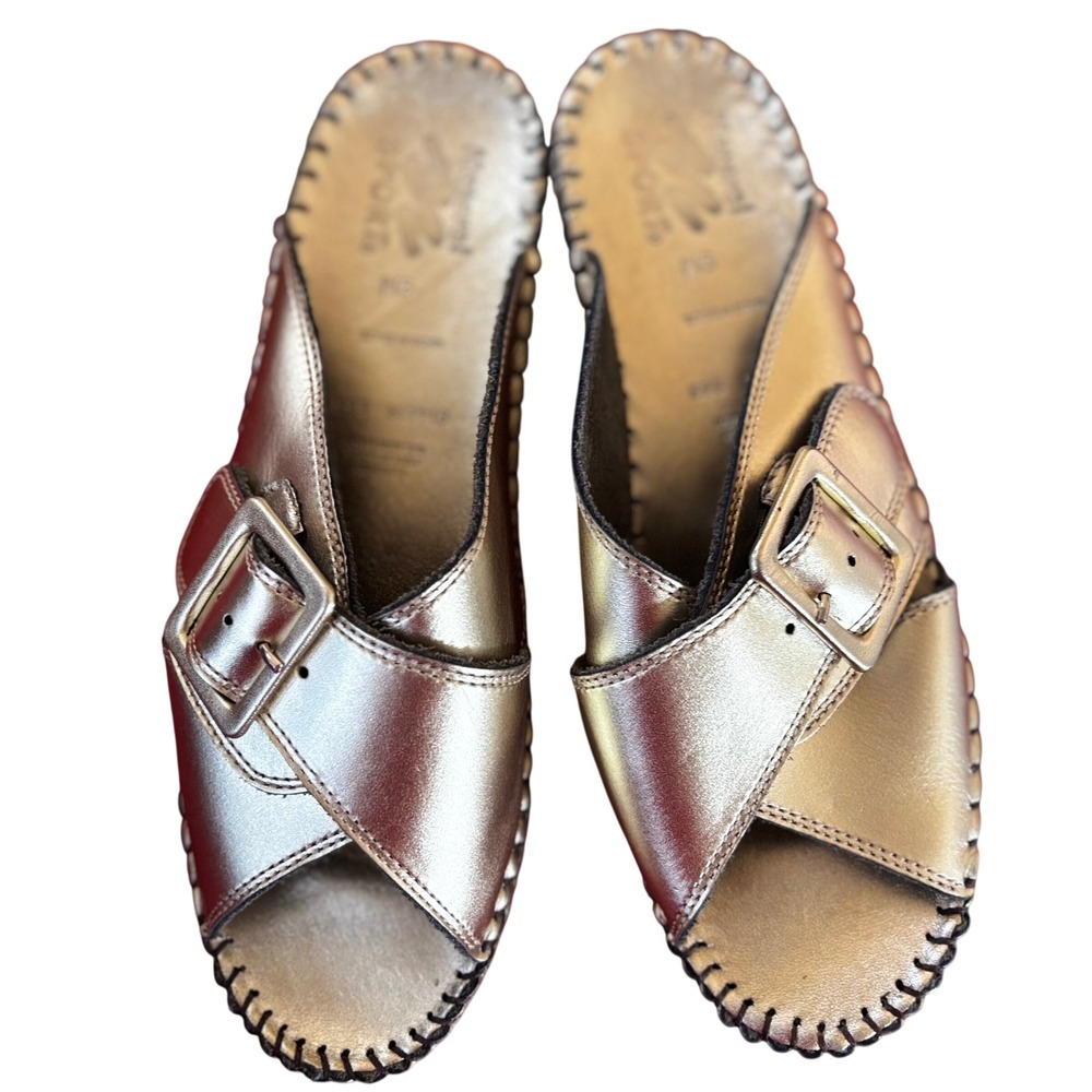 Natural Sport Womens Metallic Gold Leather Sandals 9 Buckle Cross Strap Open Toe